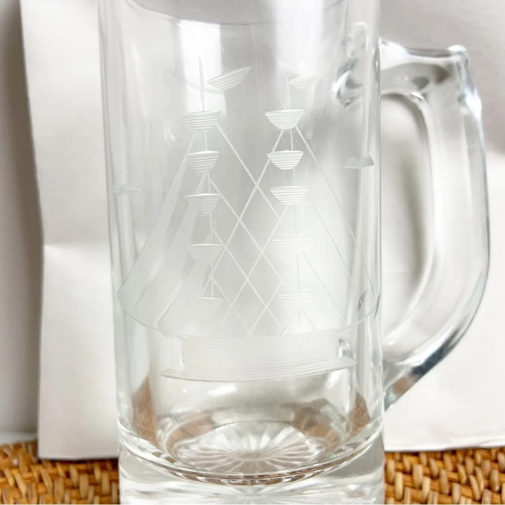 Vintage Etched Nautical Sailing Ship Glass Mug - Beer Glass - Stein Lot 8 Boat